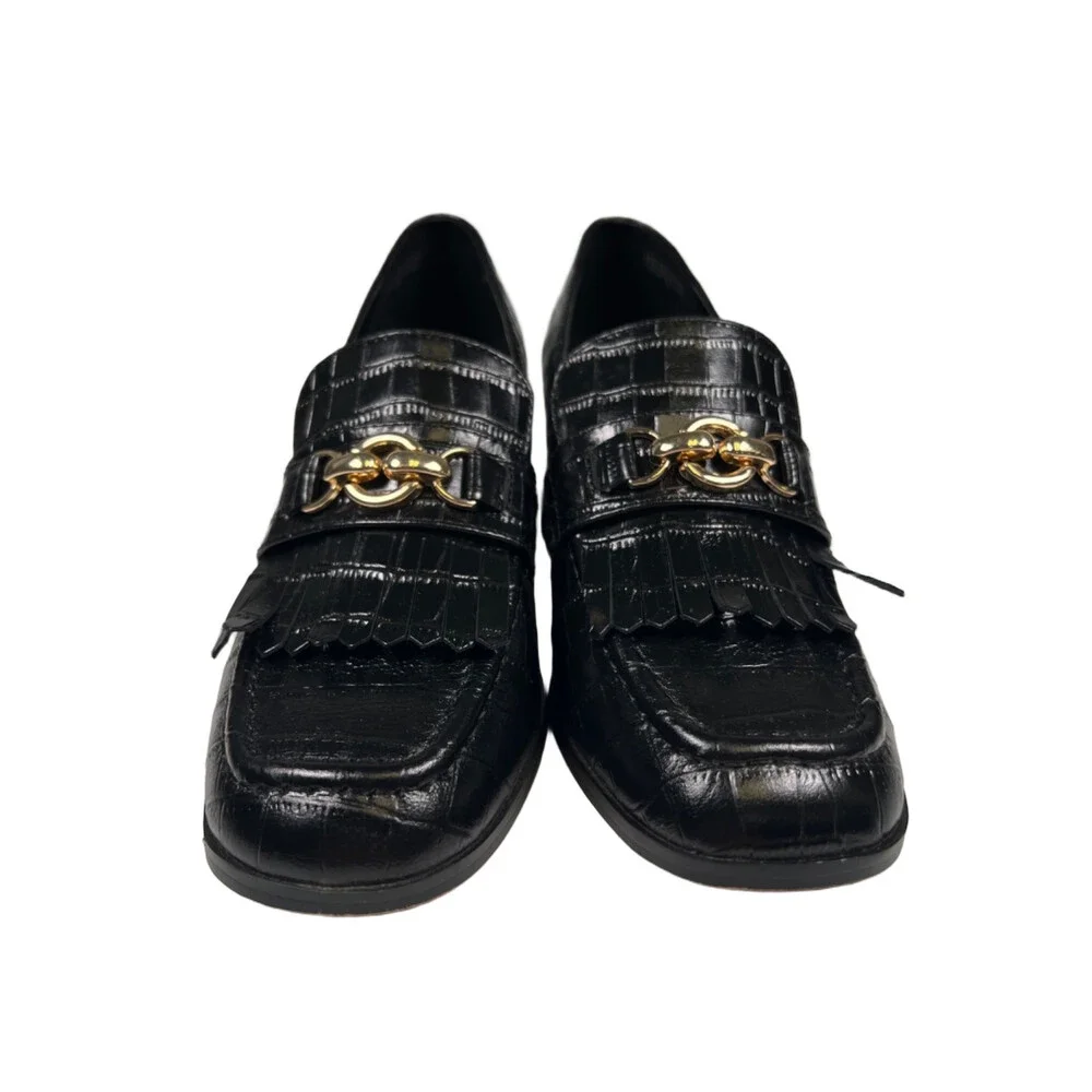 Ann Taylor Women's Black Leather Croco Loafer Pump Block Heels - 6